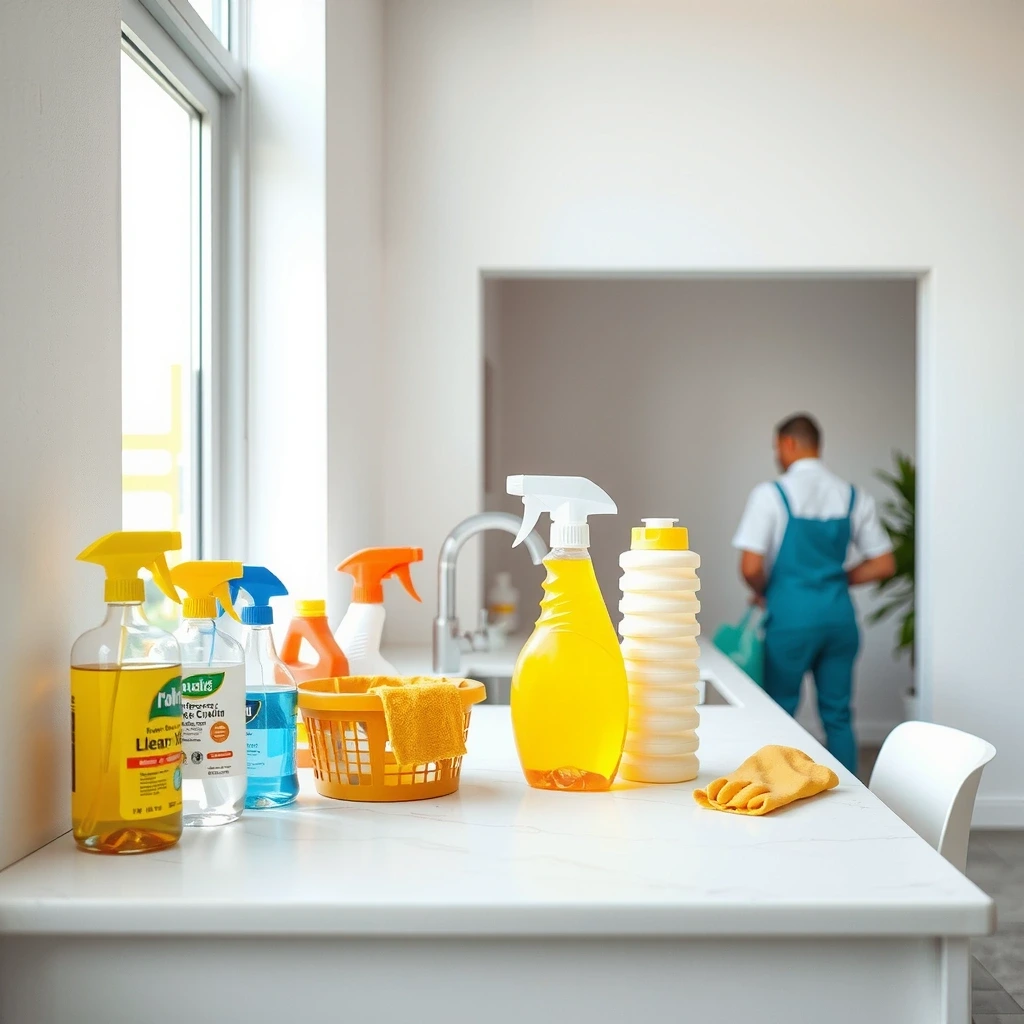 Professional cleaning tools arranged on marble counter